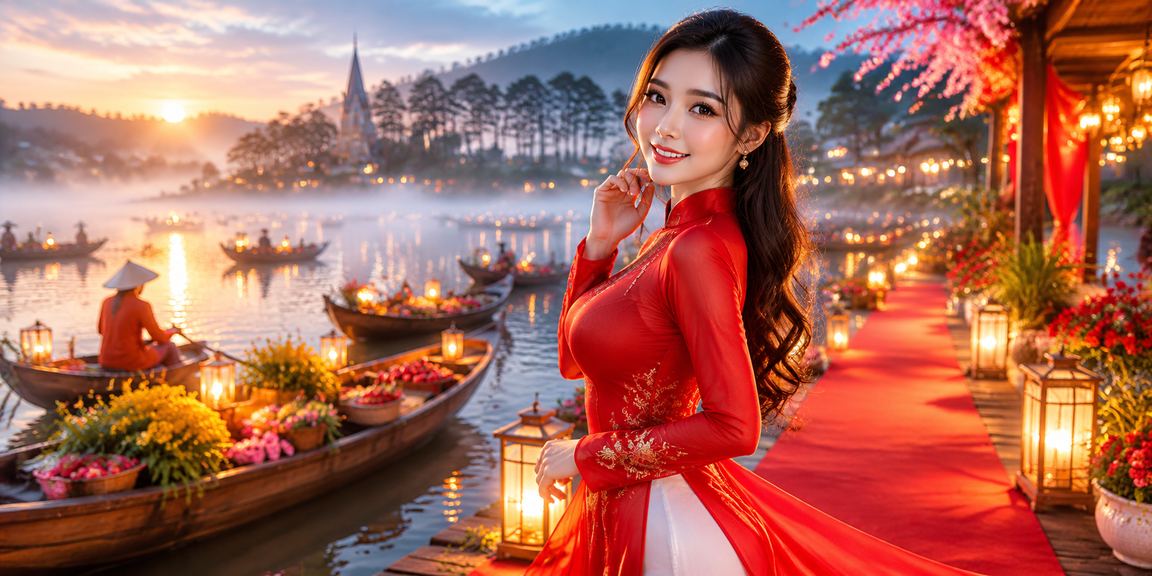 Người phụ nữ mặc áo dài tại Đà Lạt sử dụng ứng dụng trên điện thoại để kiểm tra giao dịch
